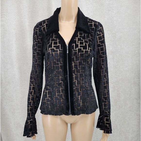 Etcetera Black Velvet on Fishnet Mesh Y2k Full Zip Top with Flared Sleeve Cuffs - Picture 1 of 13